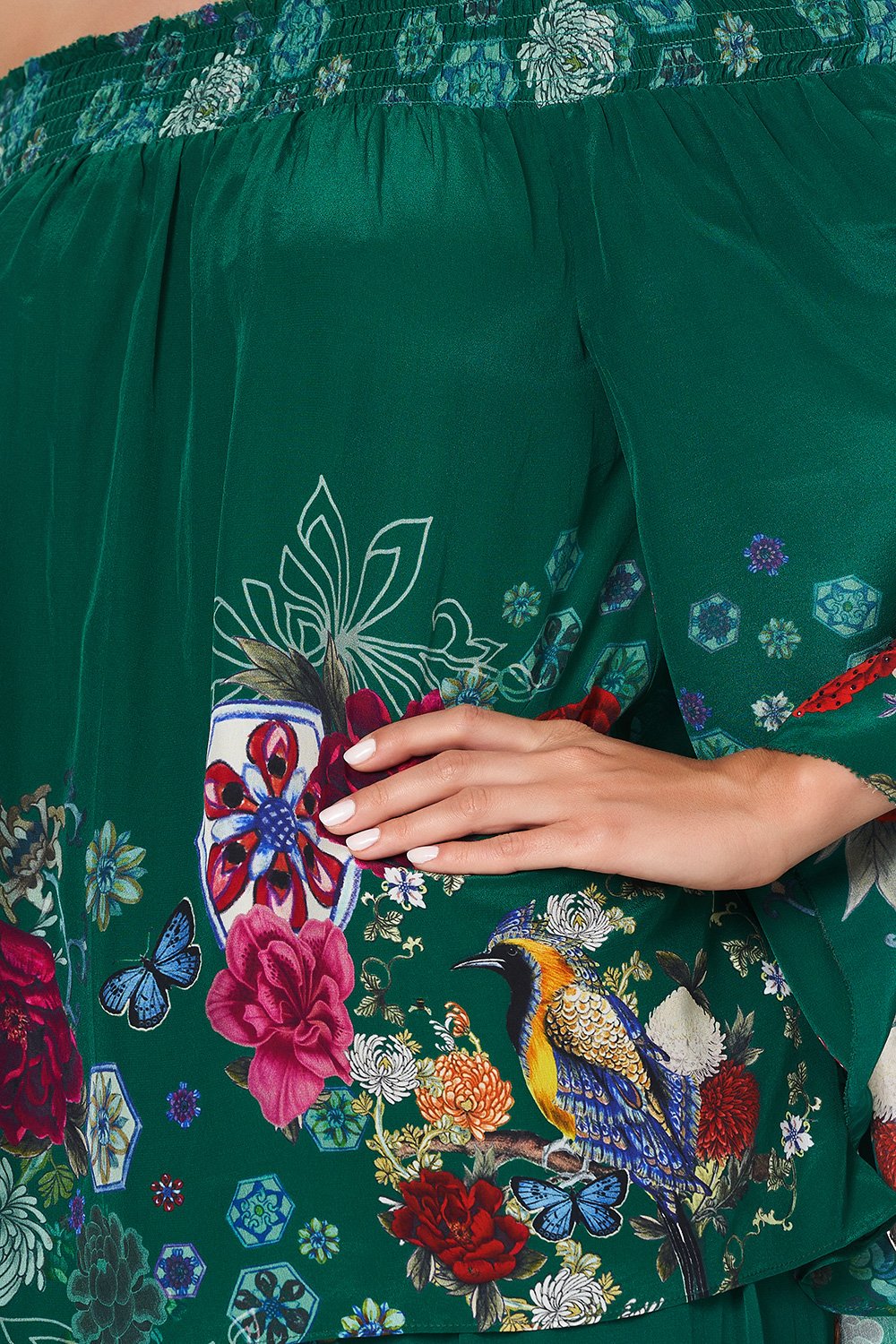 OFF SHOULDER SHIRRED BLOUSE EMERALD'S ORBIT