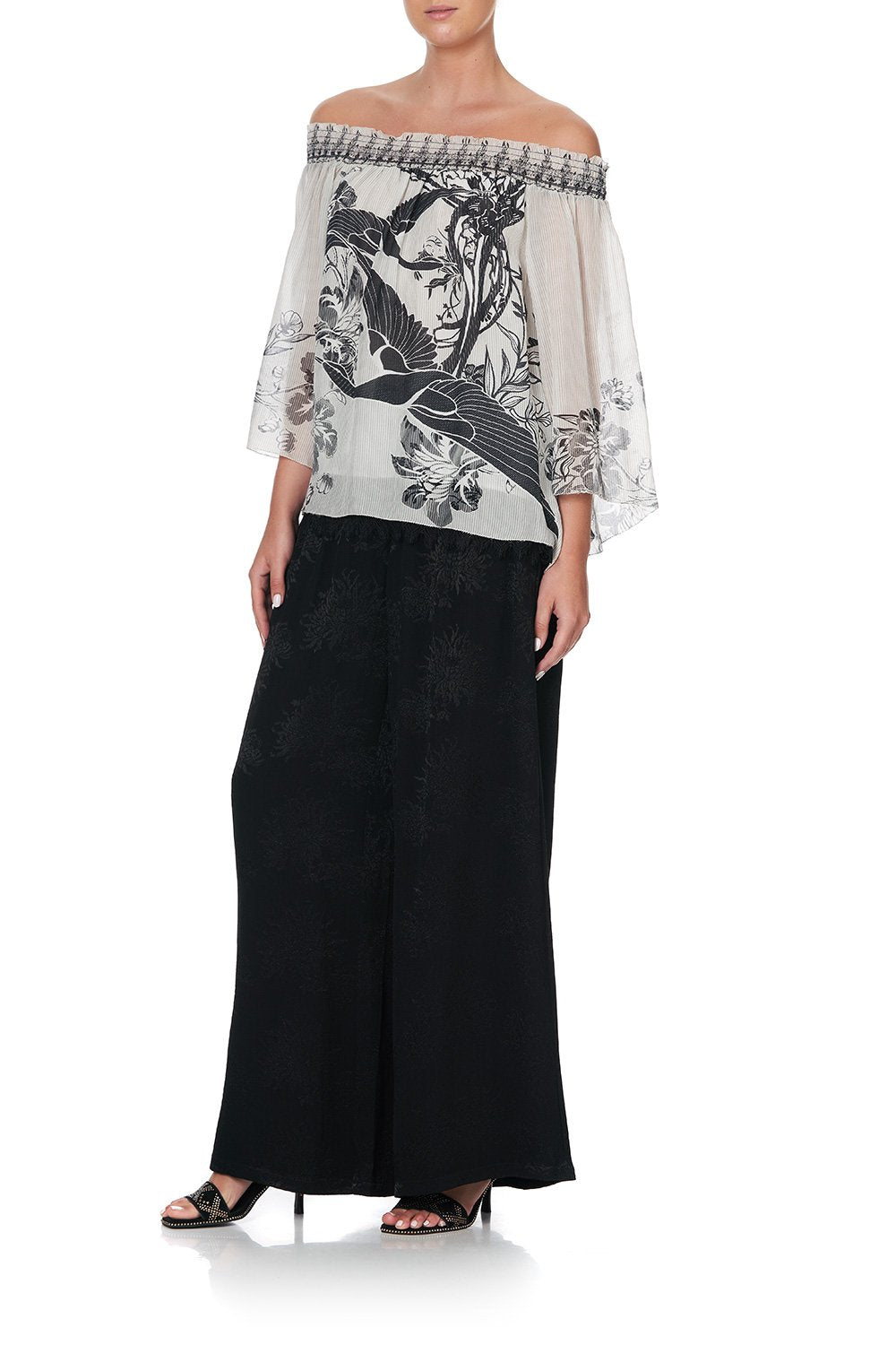 OFF SHOULDER SHIRRED BLOUSE SILVER LININGS