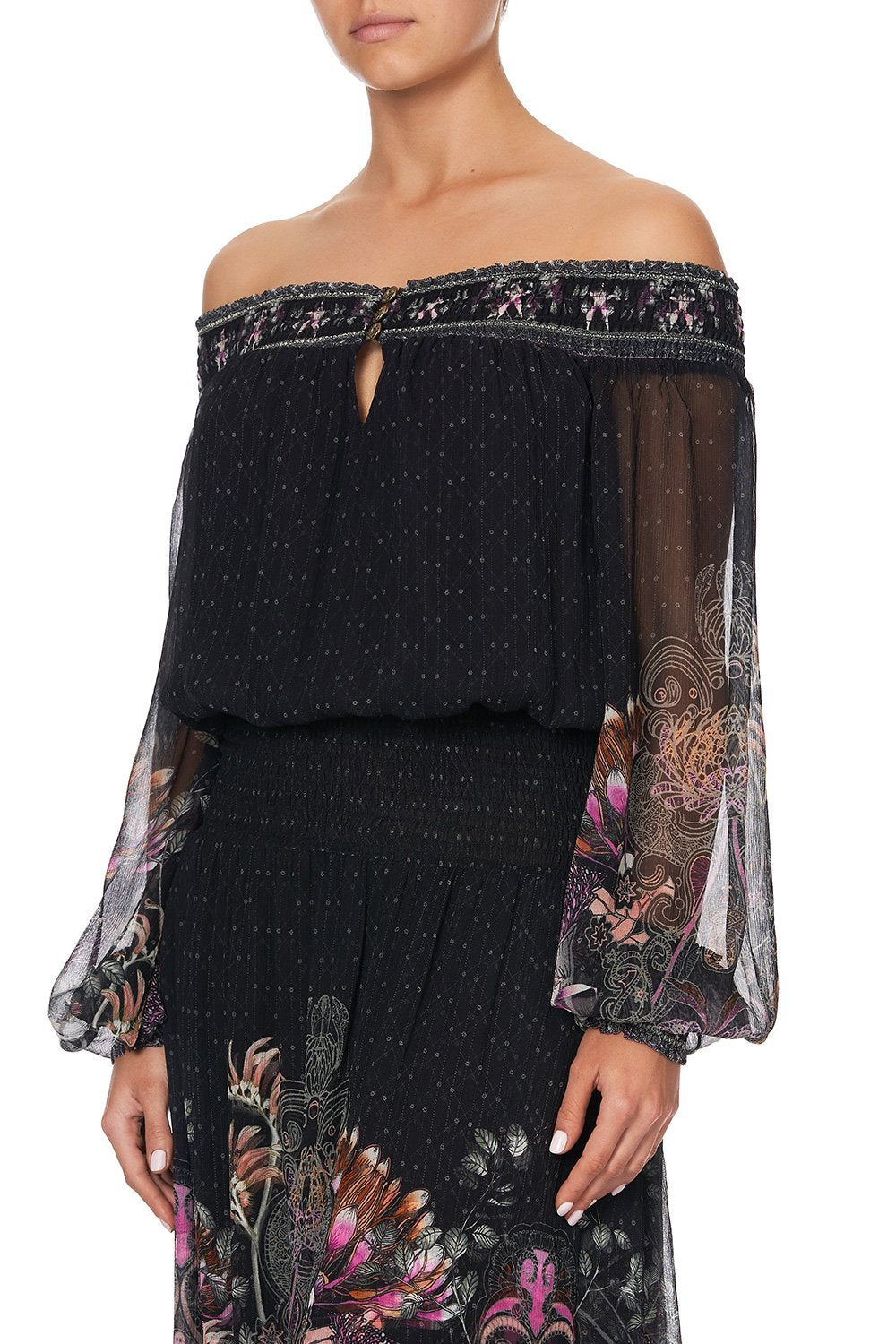 OFF SHOULDER SHIRRED DRESS RESTLESS NIGHTS