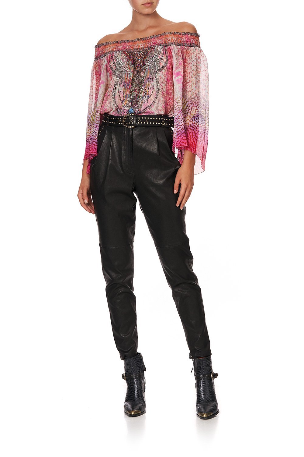 OFF SHOULDER SHIRRED BLOUSE SERPENTINE DREAMS