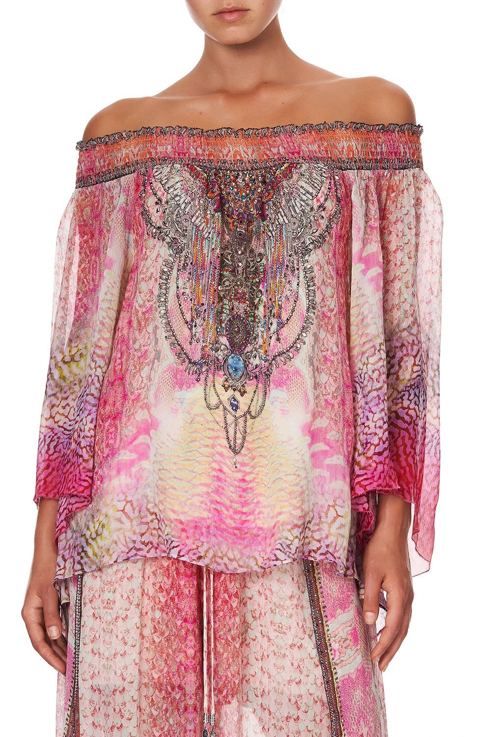 OFF SHOULDER SHIRRED BLOUSE SERPENTINE DREAMS