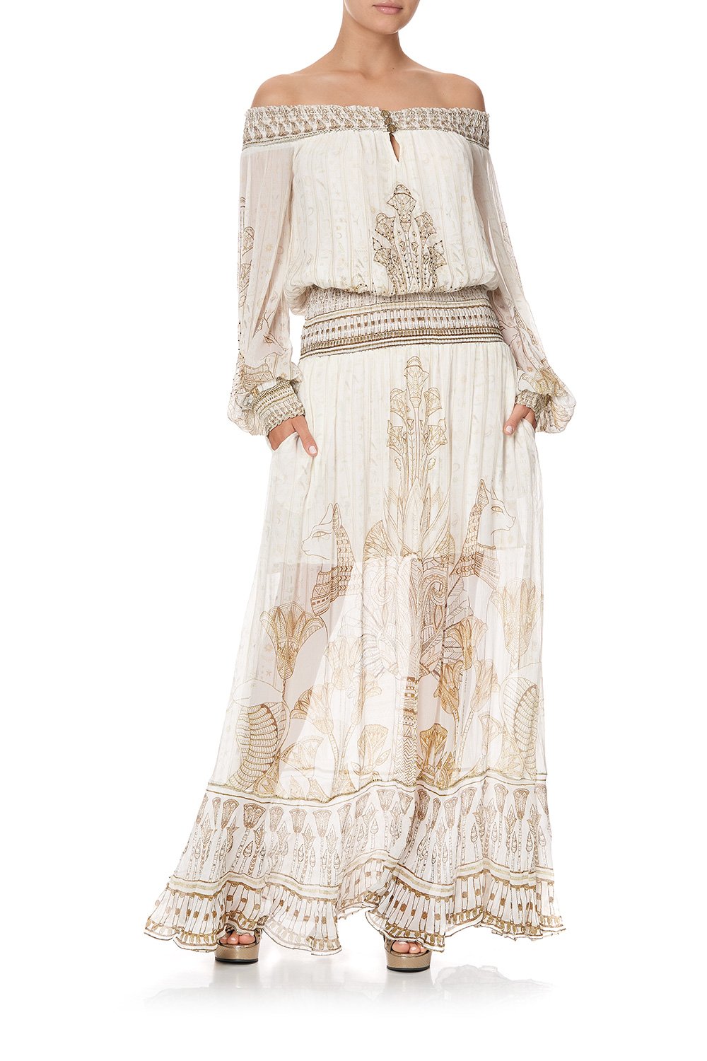 OFF SHOULDER SHIRRED DRESS THE QUEENS CHAMBER