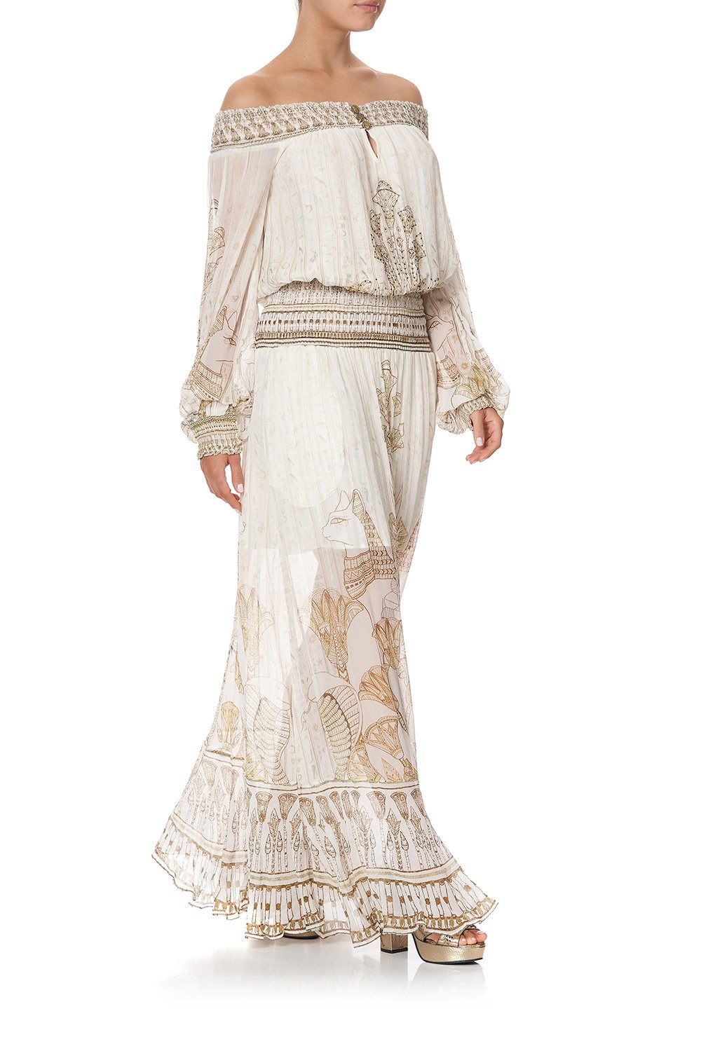 OFF SHOULDER SHIRRED DRESS THE QUEENS CHAMBER