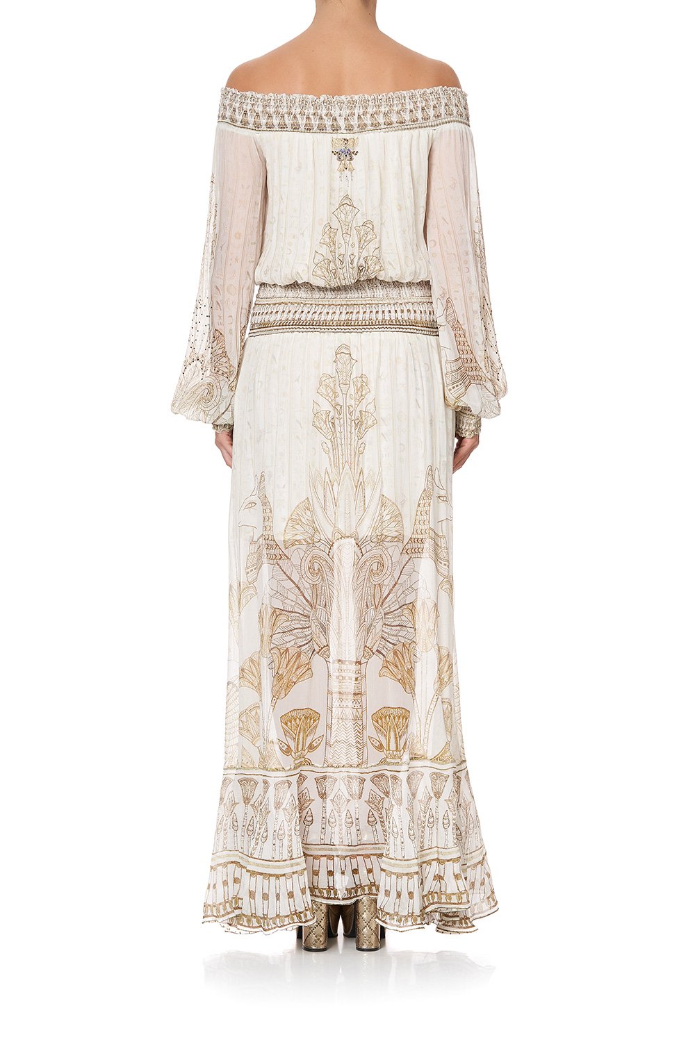 OFF SHOULDER SHIRRED DRESS THE QUEENS CHAMBER