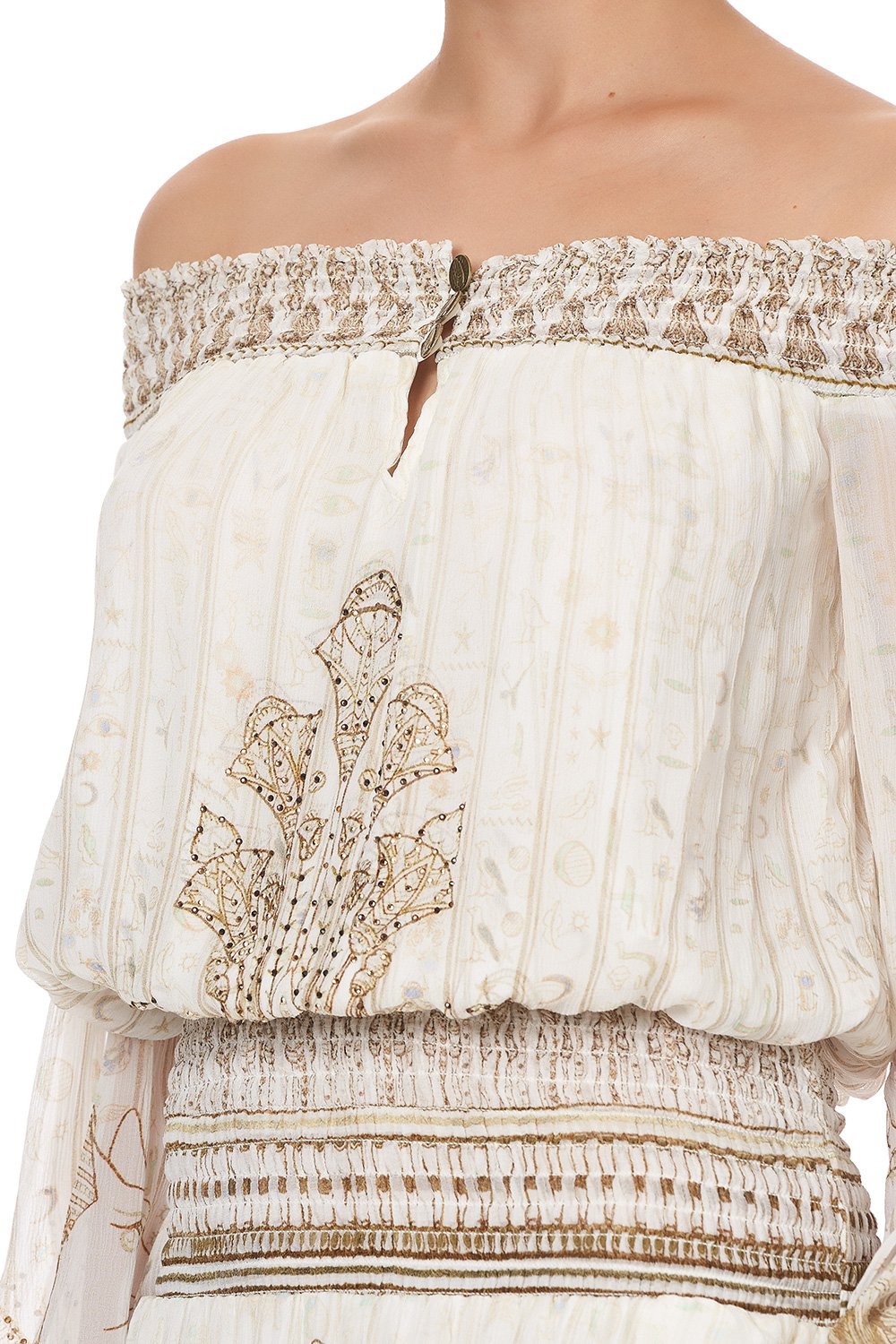 OFF SHOULDER SHIRRED DRESS THE QUEENS CHAMBER