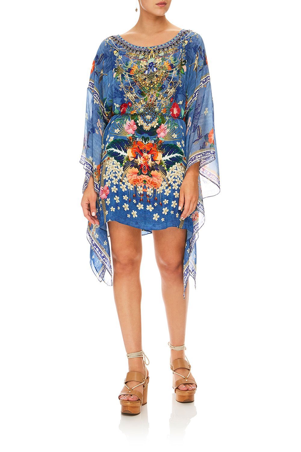 CAMILLA FARAWAY FLORALS SHORT KAFTAN W/ SHEER SLEEVE
