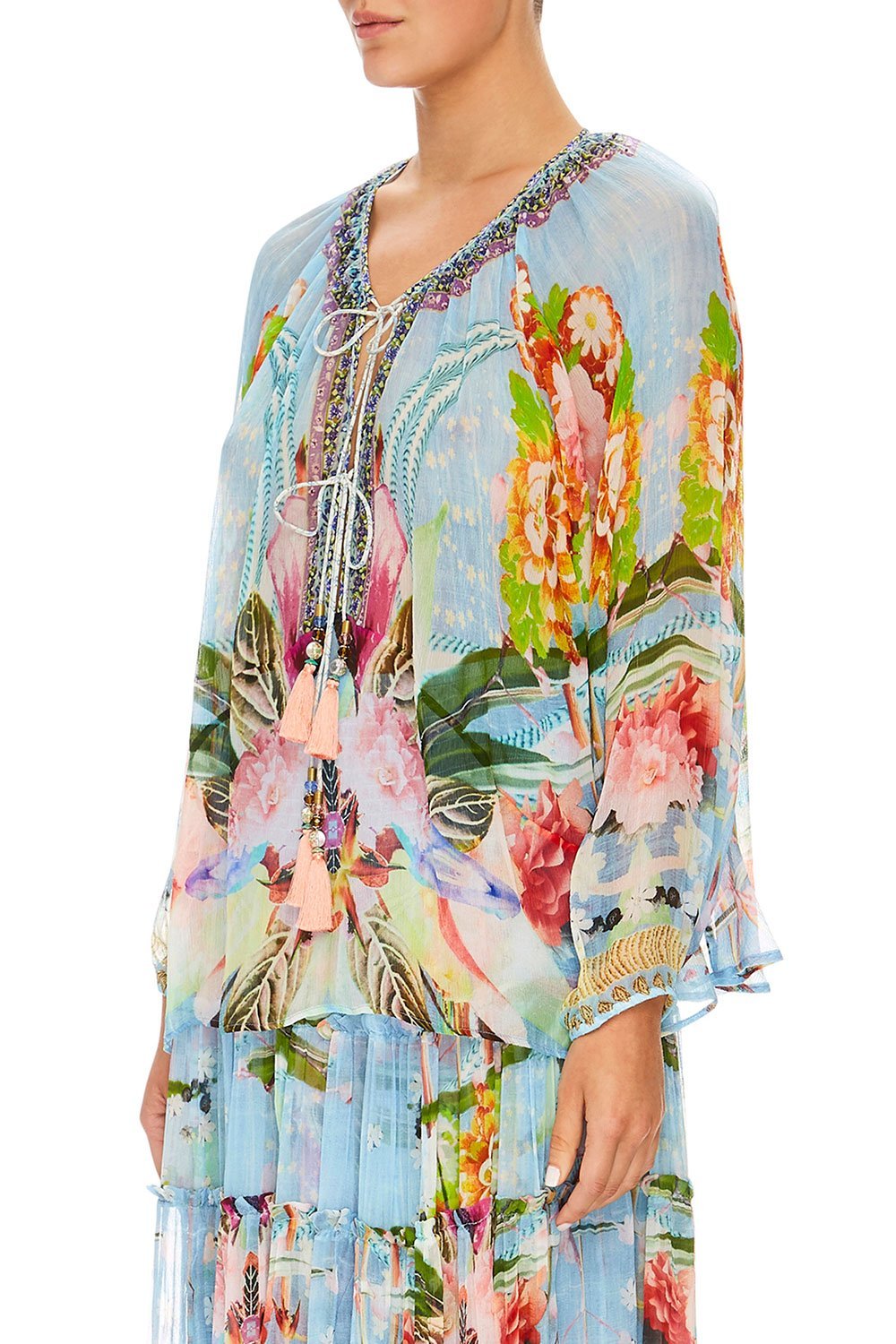 CAMILLA THE STILL ABYSS TIE FRONT HIGH LOW HEM BLOUSE