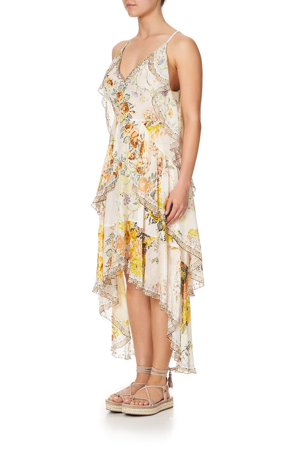 V-NECK FITTED DRESS WITH RUFFLES IN THE HILLS OF TUSCANY