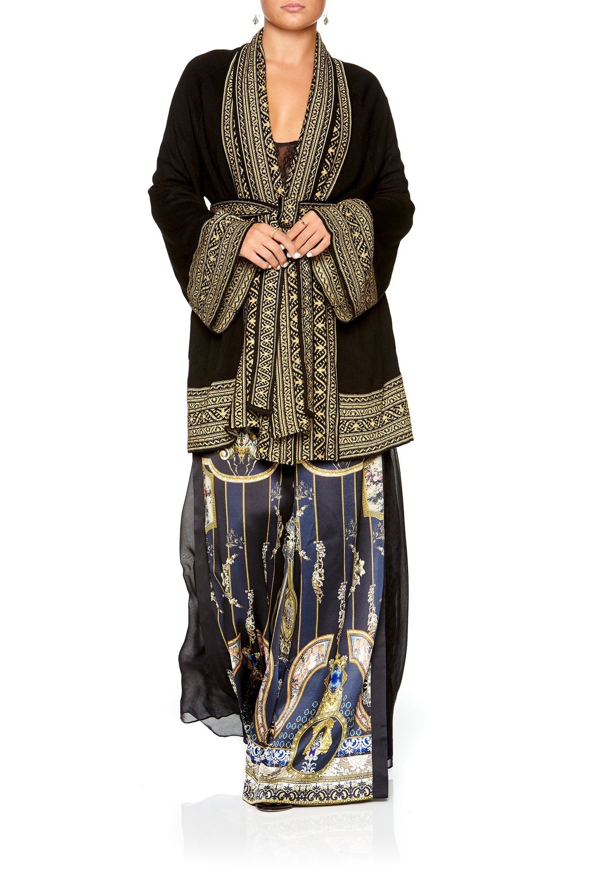 KIMONO KNIT WITH TIE BLACK GOLD