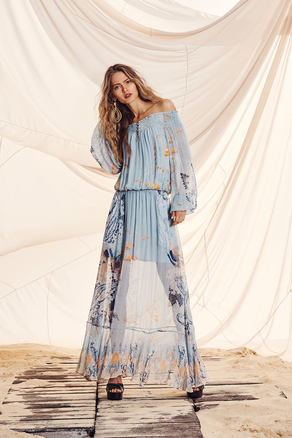 OFF SHOULDER SHIRRED DRESS FRASER FANTASIA