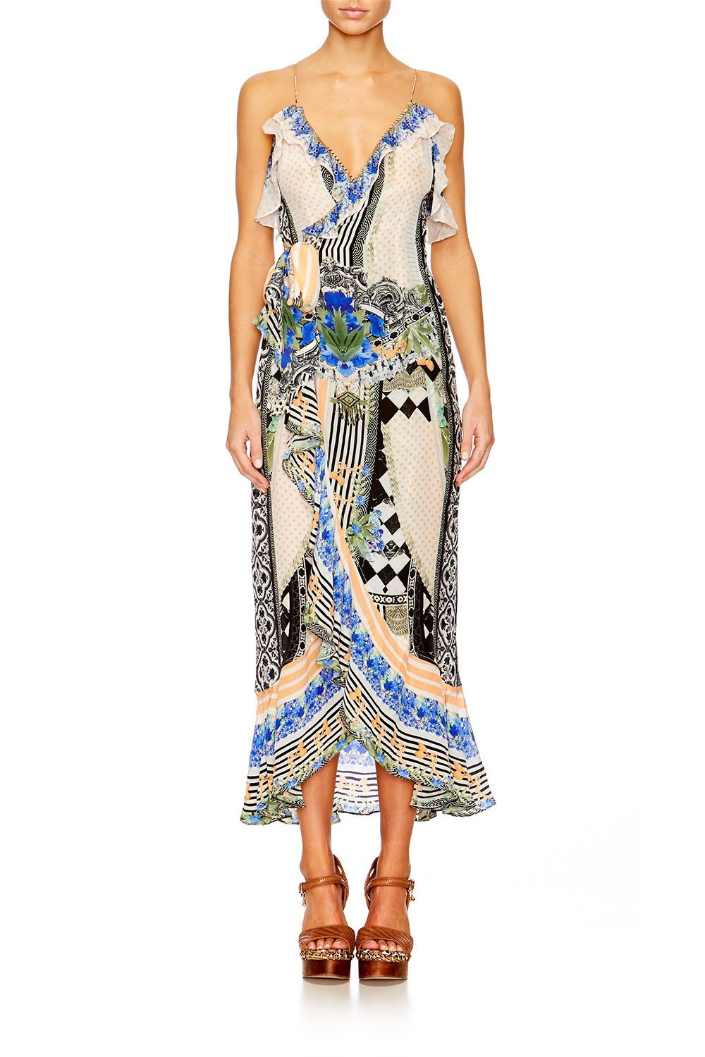 SALVADOR SECRETS LONG WRAP DRESS W FRILL