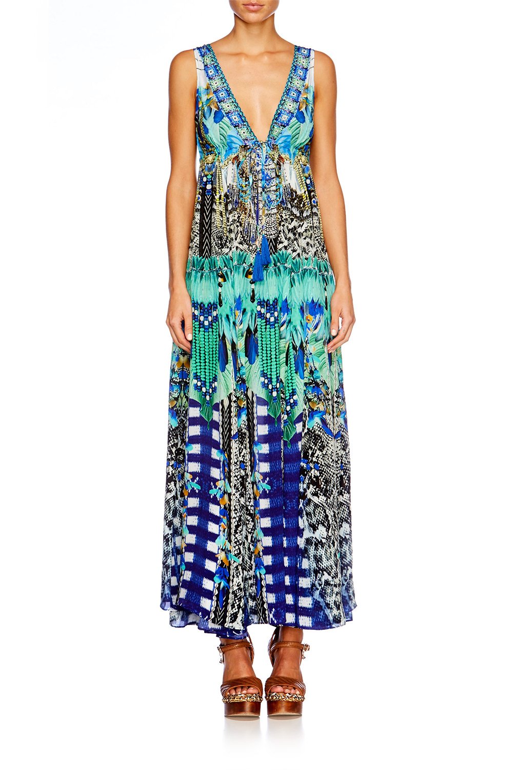 LEAVE ME WILD LONG V NECK DRAWSTRING DRESS