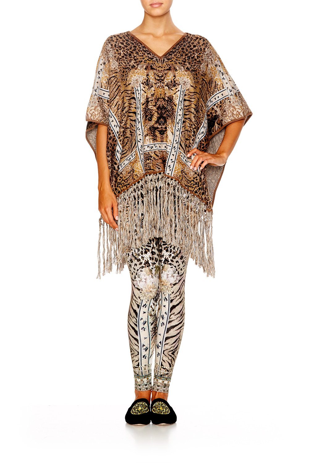 SPIRIT ANIMAL SHORT V-NECK PONCHO W/FRINGING