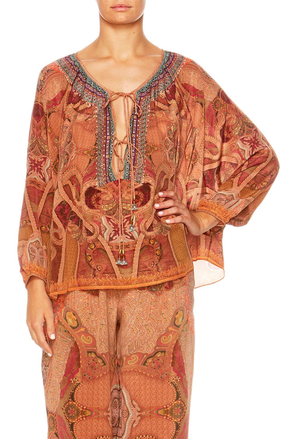 FAMILY GATHERING TIE FRONT HIGH LOW HEM BLOUSE