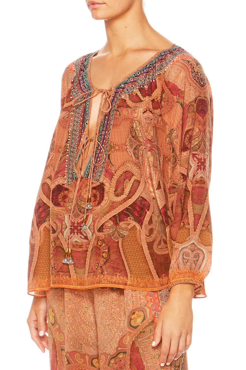 FAMILY GATHERING TIE FRONT HIGH LOW HEM BLOUSE