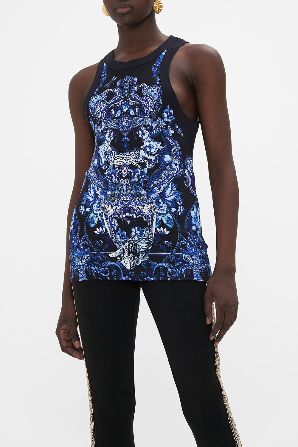Crop view of model wearing CAMILLA tank top in Delft Dynasty print 