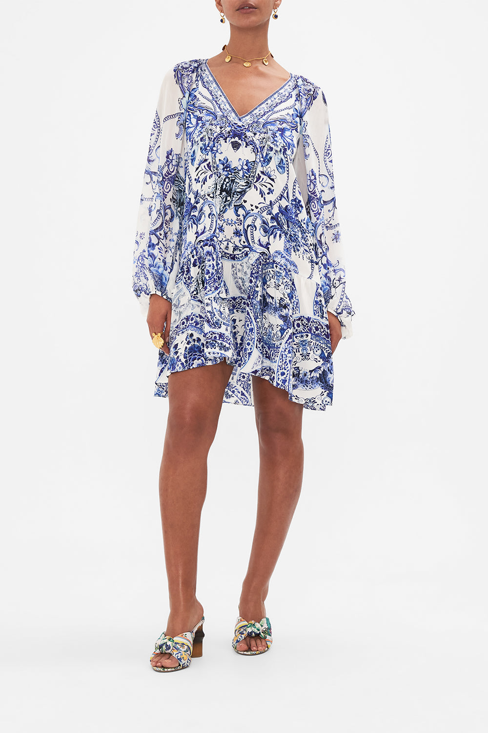 Front view of model wearing CAMILLA silk dress in Glaze and Graze print