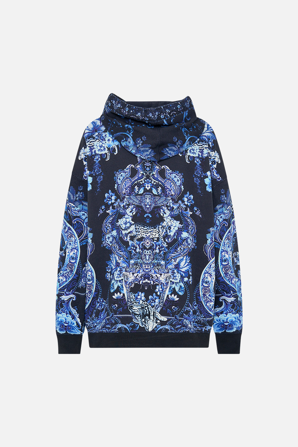 Back view of CAMILLA printed hoodie in Delft Dynasty print