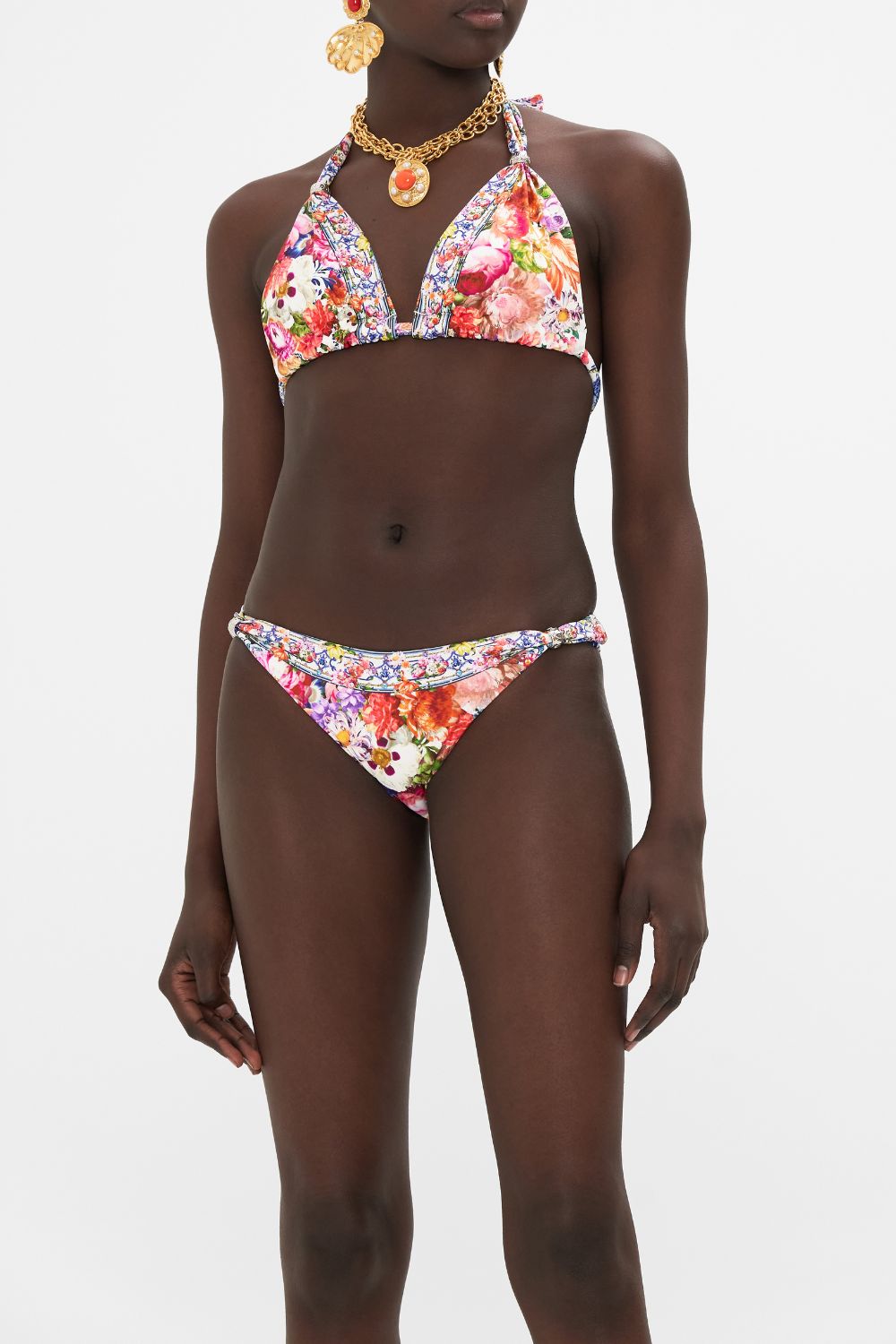 Crop view of model wearing CAMILLA resort wear womens bikini in Dutch Is Life print
