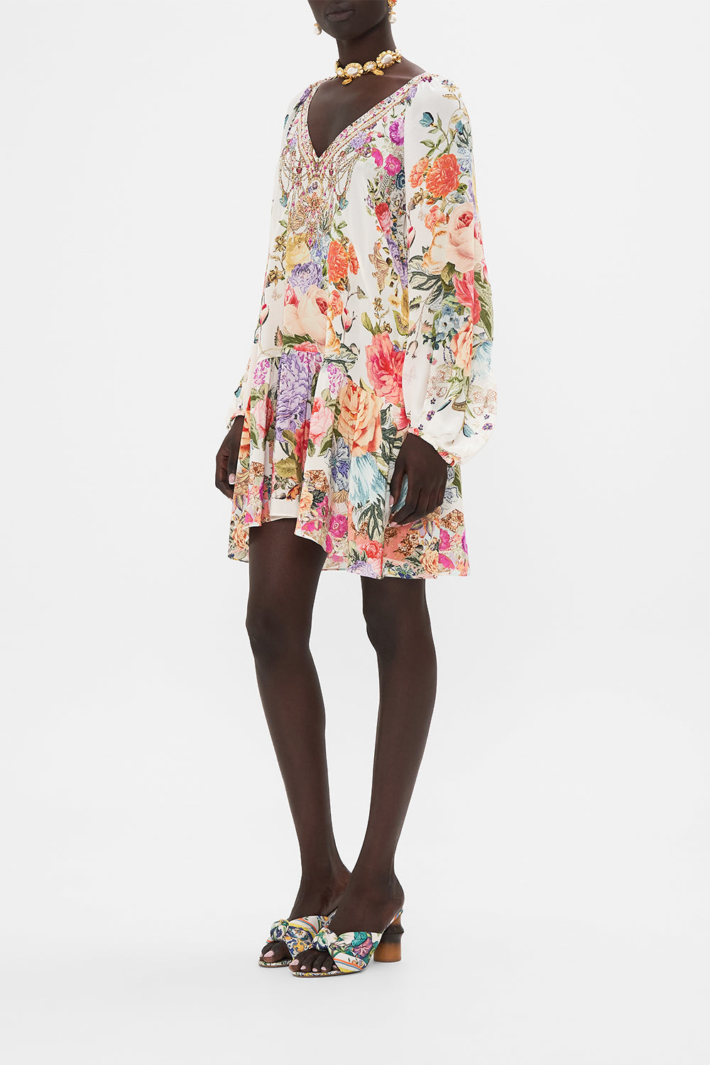 CAMILLA Floral V-Neck Dress with Blouson Sleeve in Sew Yesterday