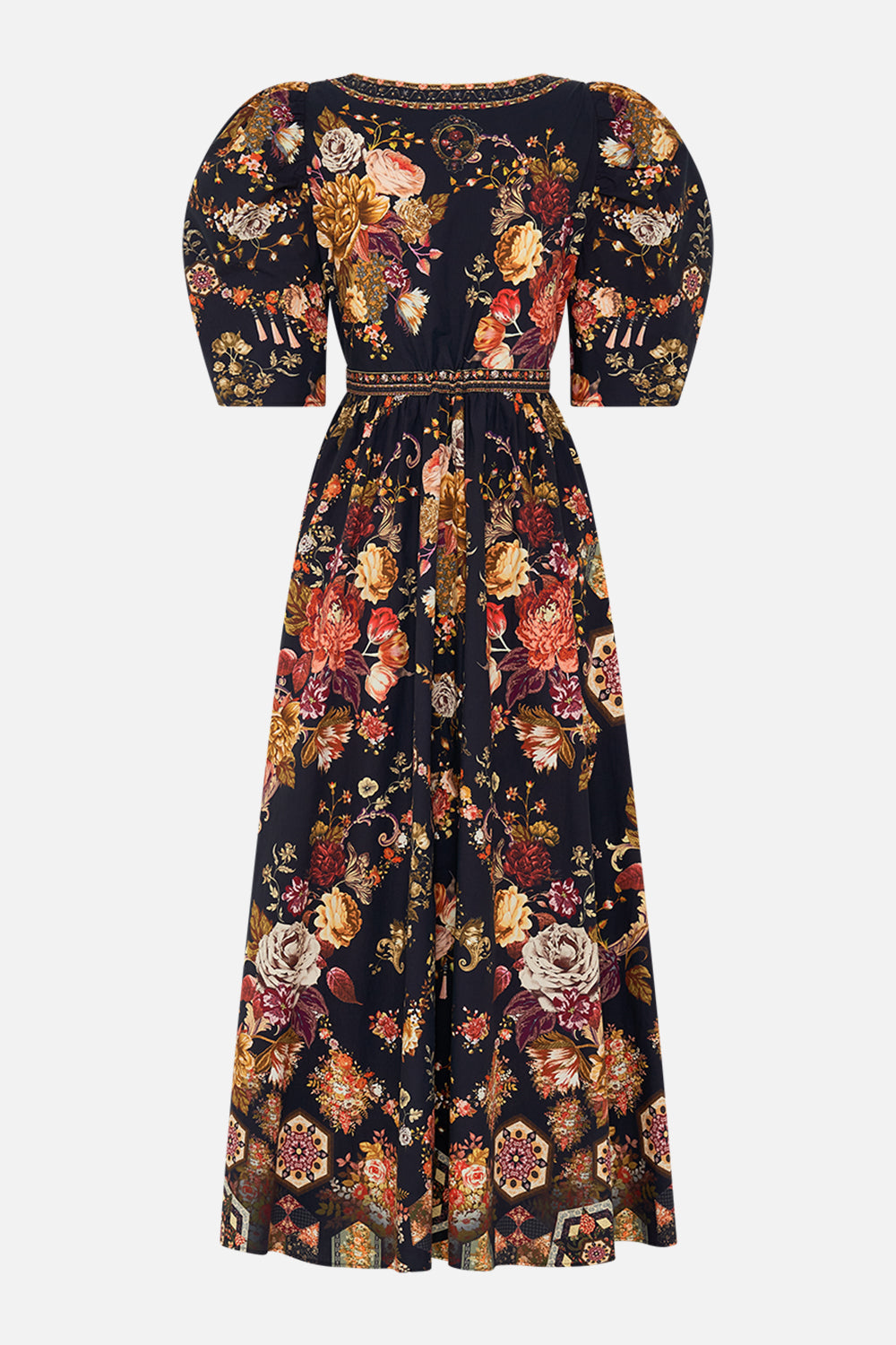 CAMILLA Floral Puff Sleeve Long Dress with Hardware in Stitched in Time