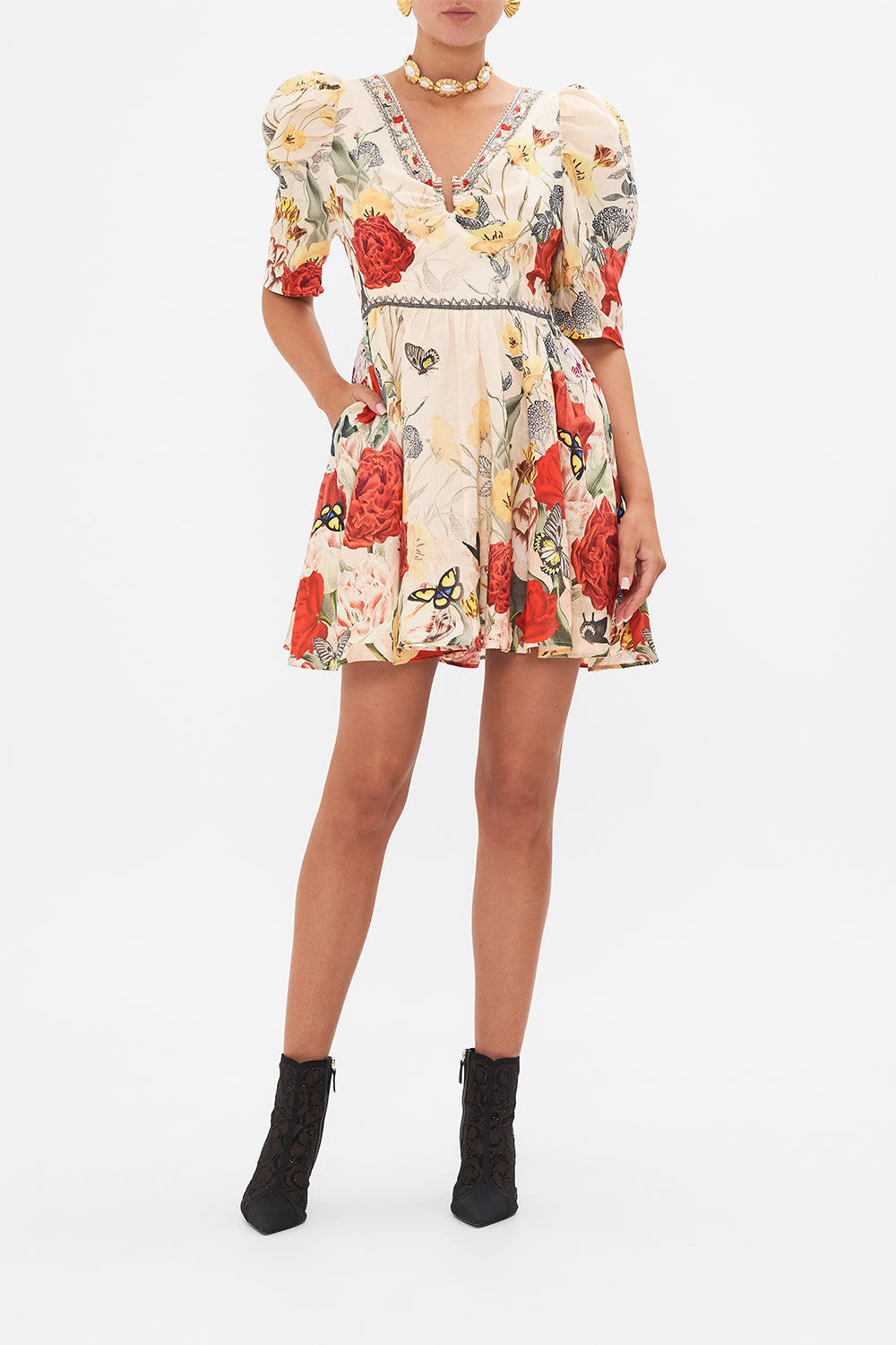 CAMILLA Multi Puff Sleeve Short Dress with Hardware in Etched into Eternity print