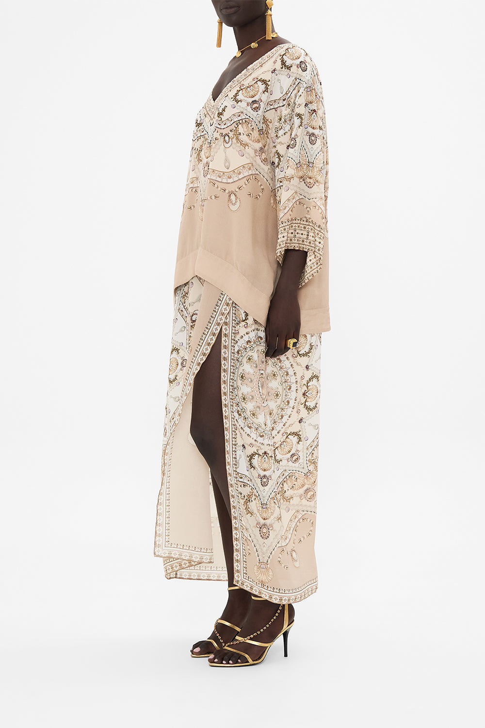 CAMILLA blush silk kaftan in Grotto Goddess print