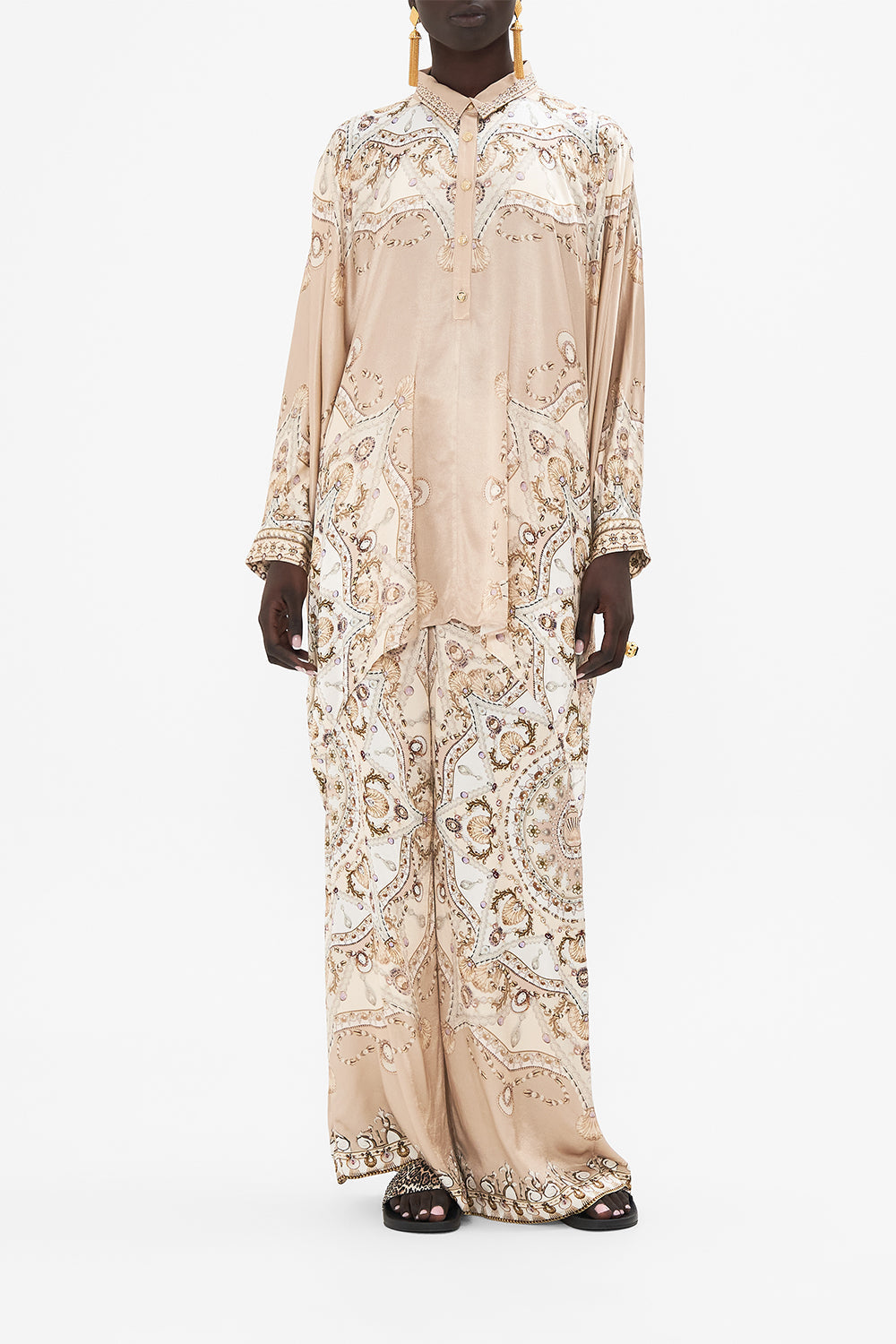 CAMILLA blush button up top in Grotto Goddess print