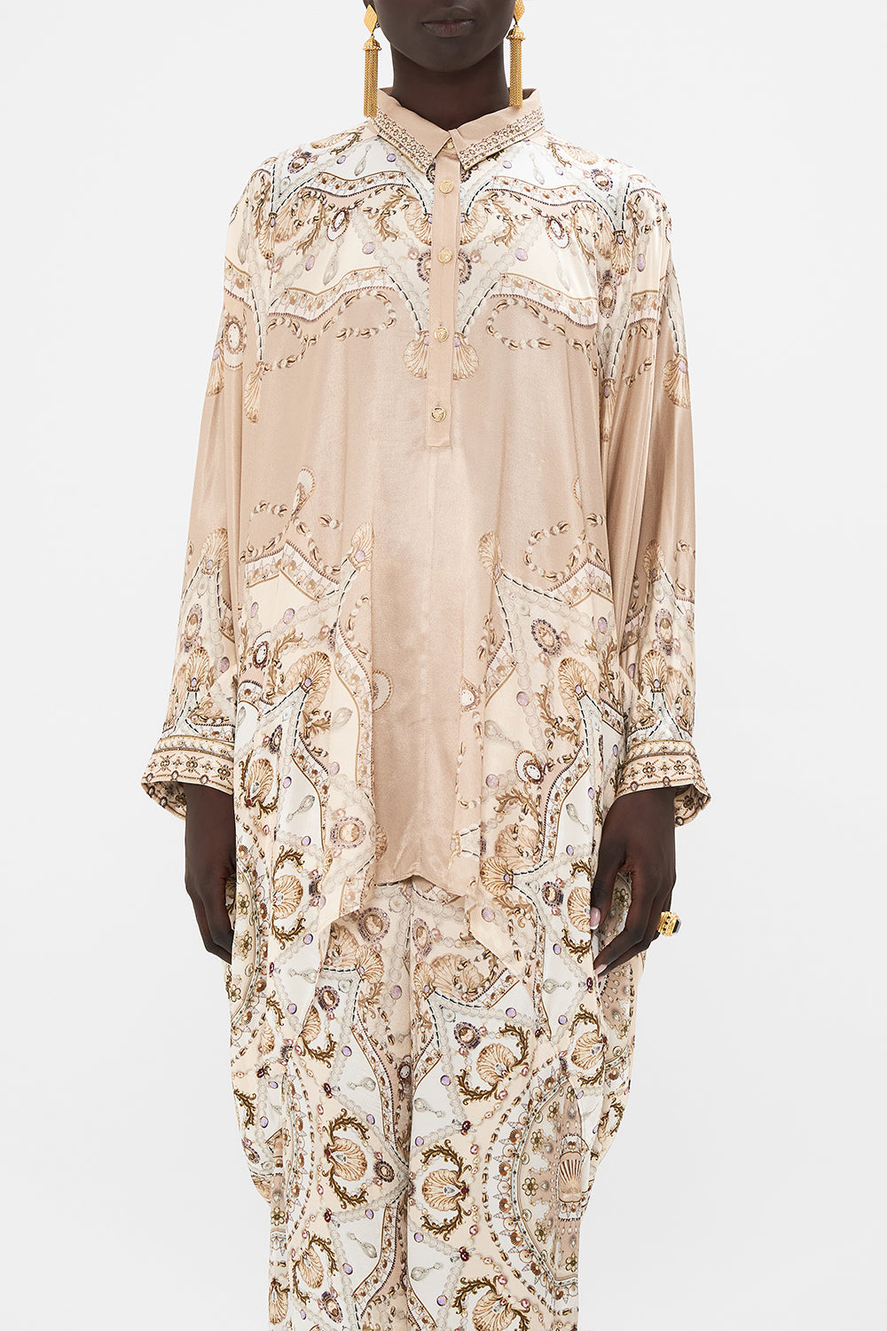 CAMILLA blush button up top in Grotto Goddess print