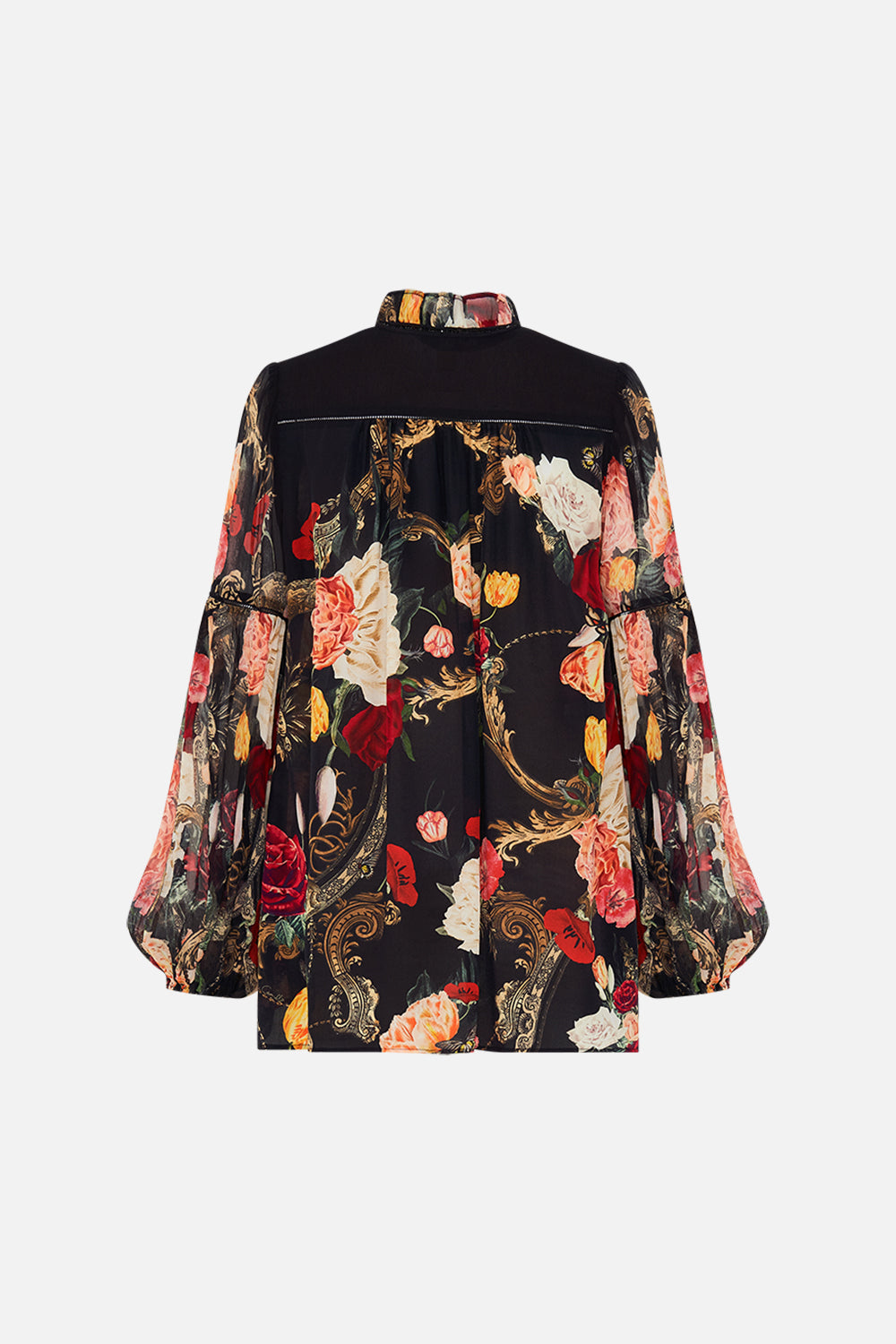 CAMILLA Black Frill Collared Blouse in Magic in the Manuscripts print