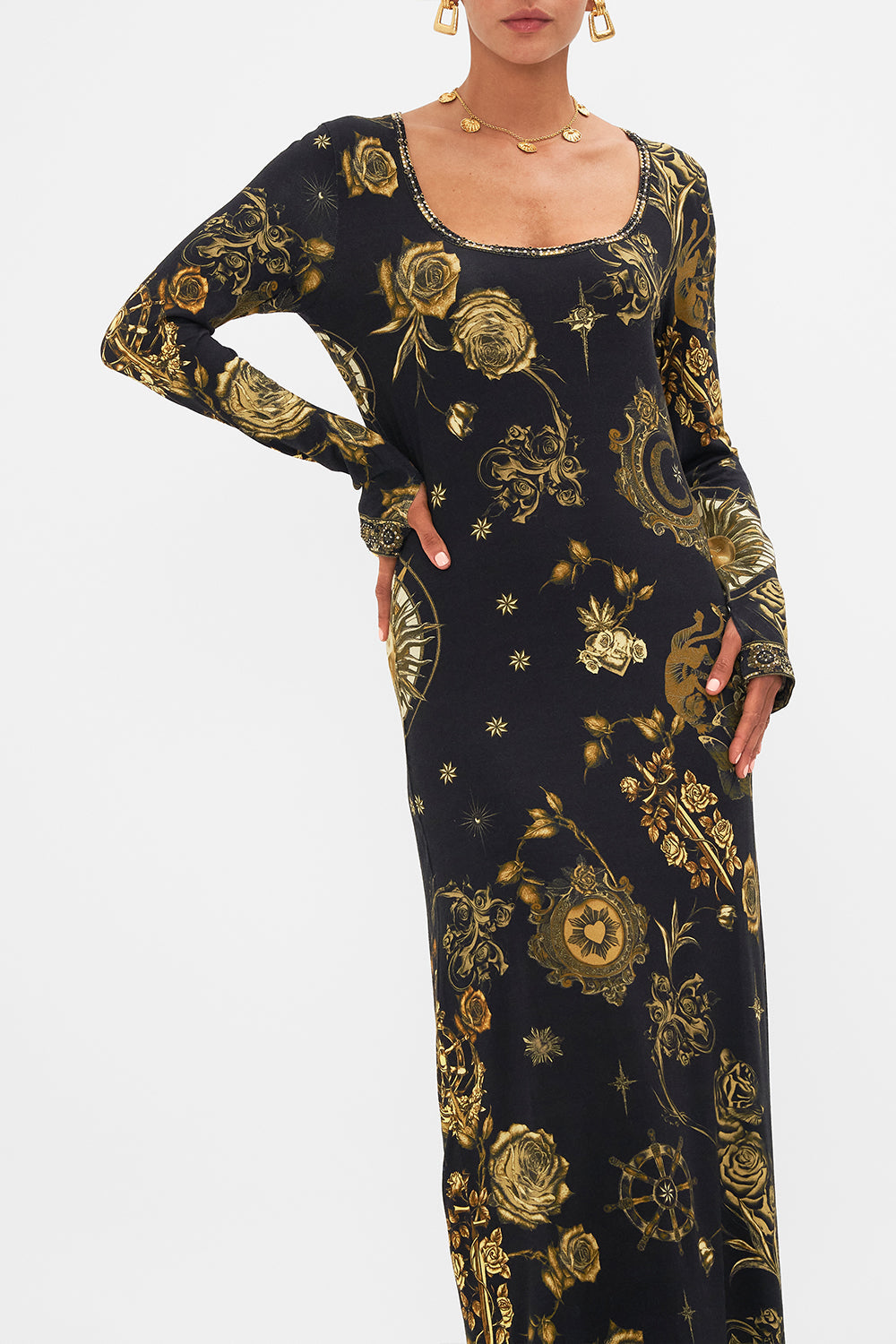 CAMILLA black square neck midi jersey rib dress in So Says The Oracle print.