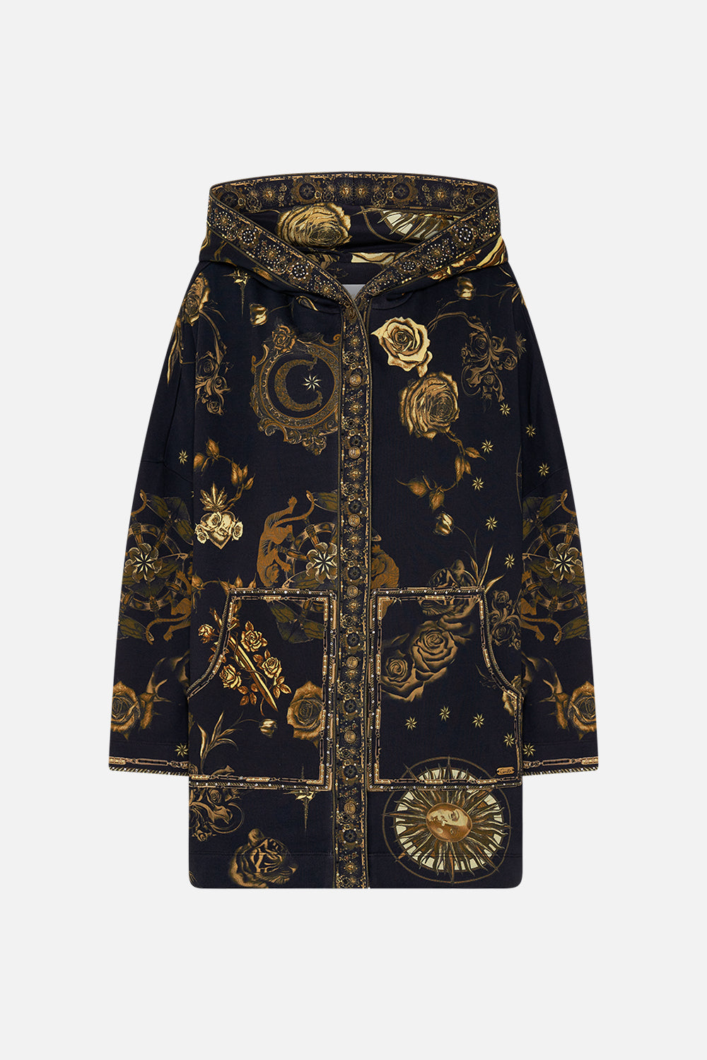 CAMILLA black hoodie jacket with pockets in So Says The Oracle print.
