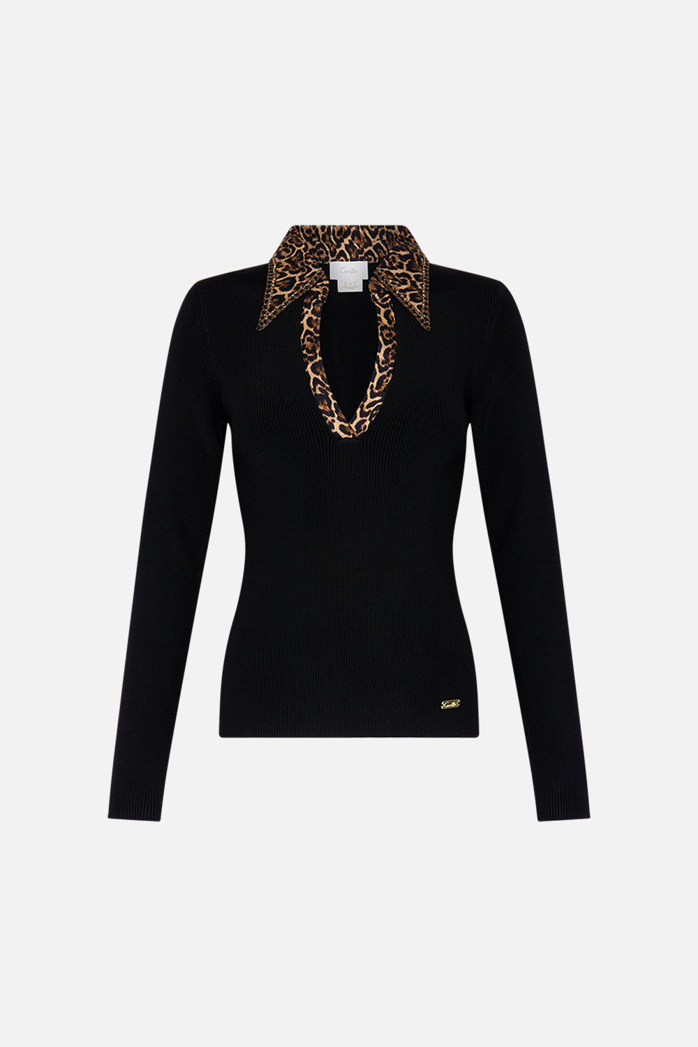 CAMILLA Black Fitted Knit Top with Silk Collar in Amsterglam print