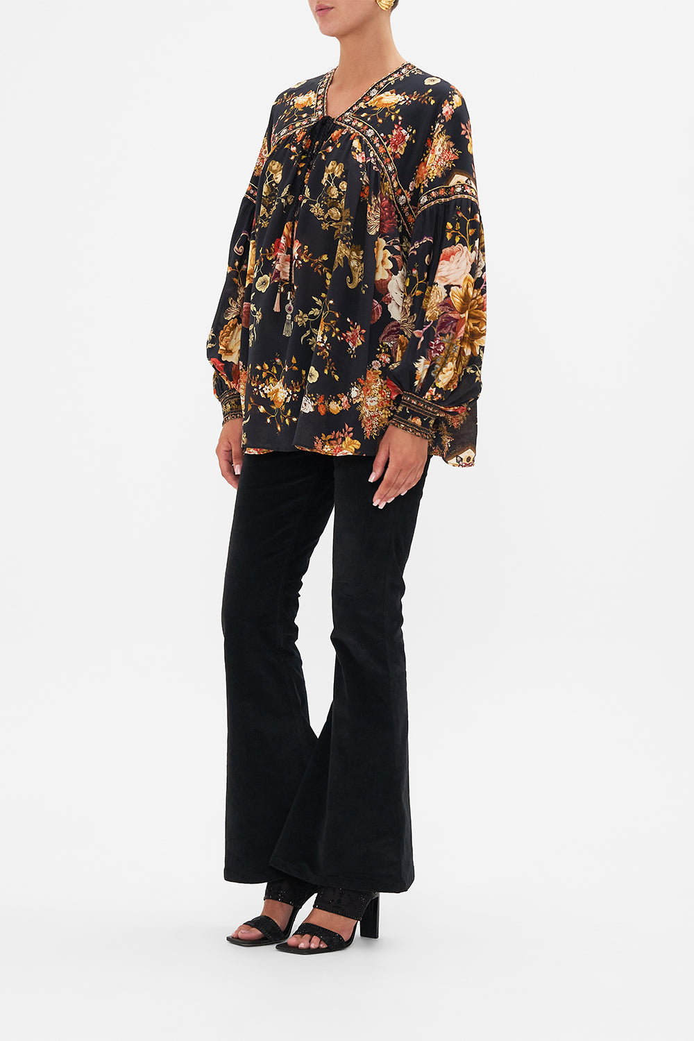 CAMILLA Floral Blouson Blouse with Neck Tie in Stitched in Time print