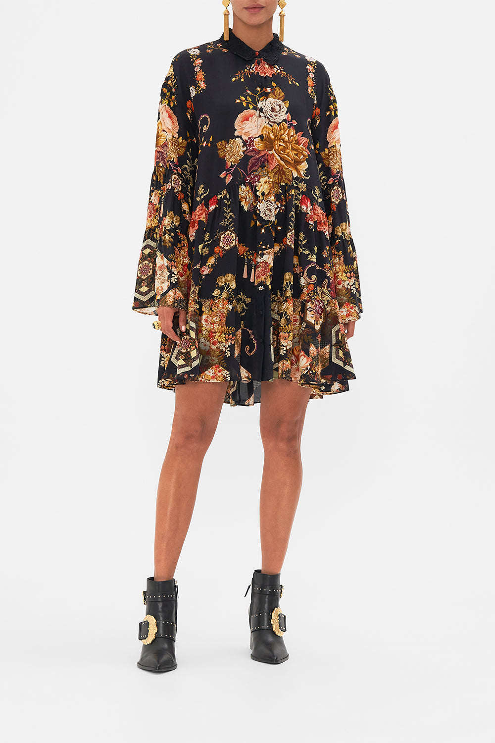 CAMILLA Floral Tiered Dress with Embroidered Collar in Stitched in Time