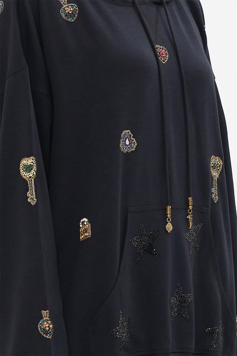 CAMILLA black oversized embellished boyfriend hoodie in Amsterglam print.