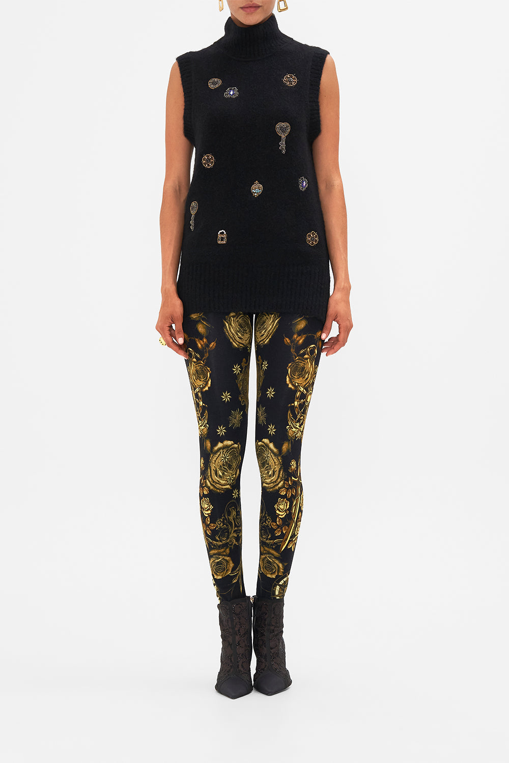 CAMILLA leopard relaxed sleeveless turtleneck knit top in Amsterglam print.
