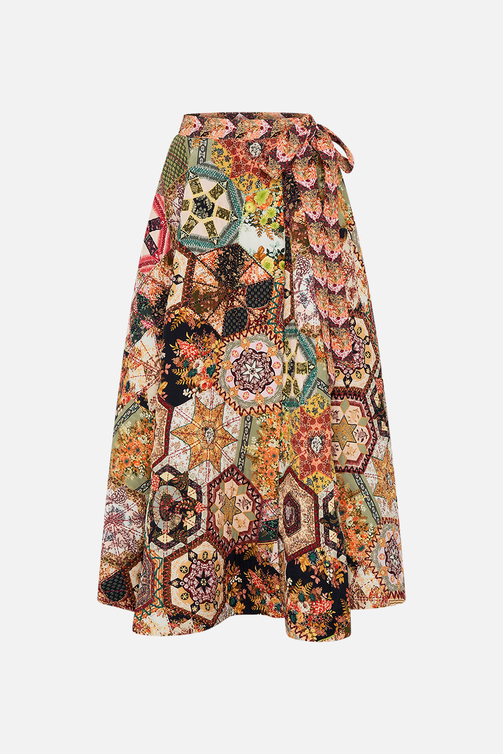 CAMILLA Black Reversible Embroidered Quilted Wrap Skirt in Stitched in Time print