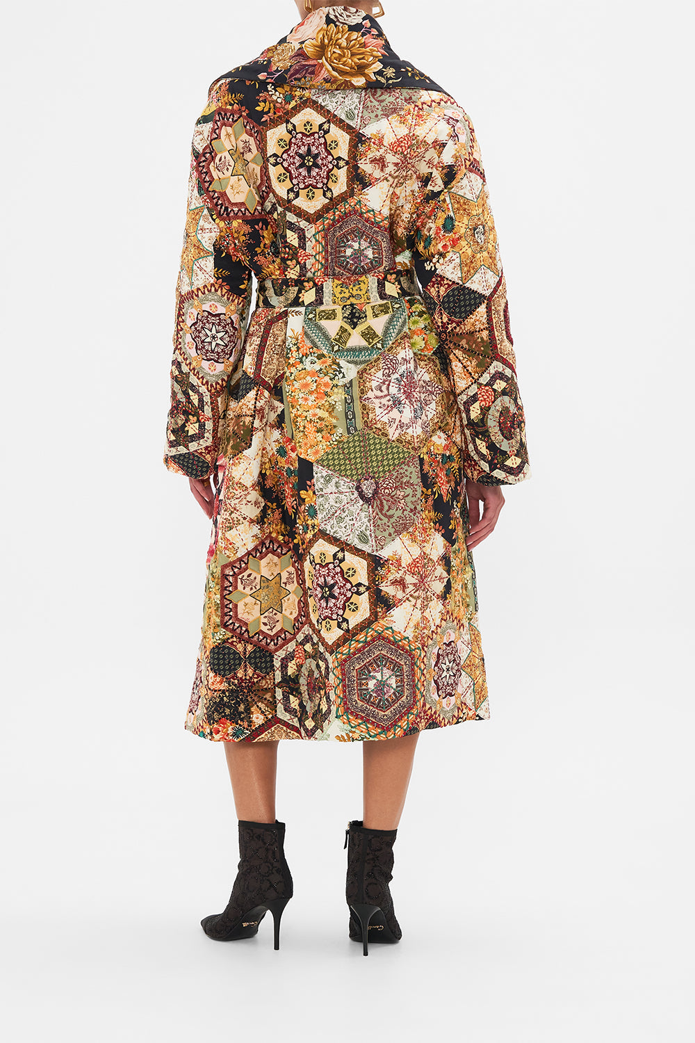 CAMILLA Black Quilted Long Wrap Coat in Stitched in Time print