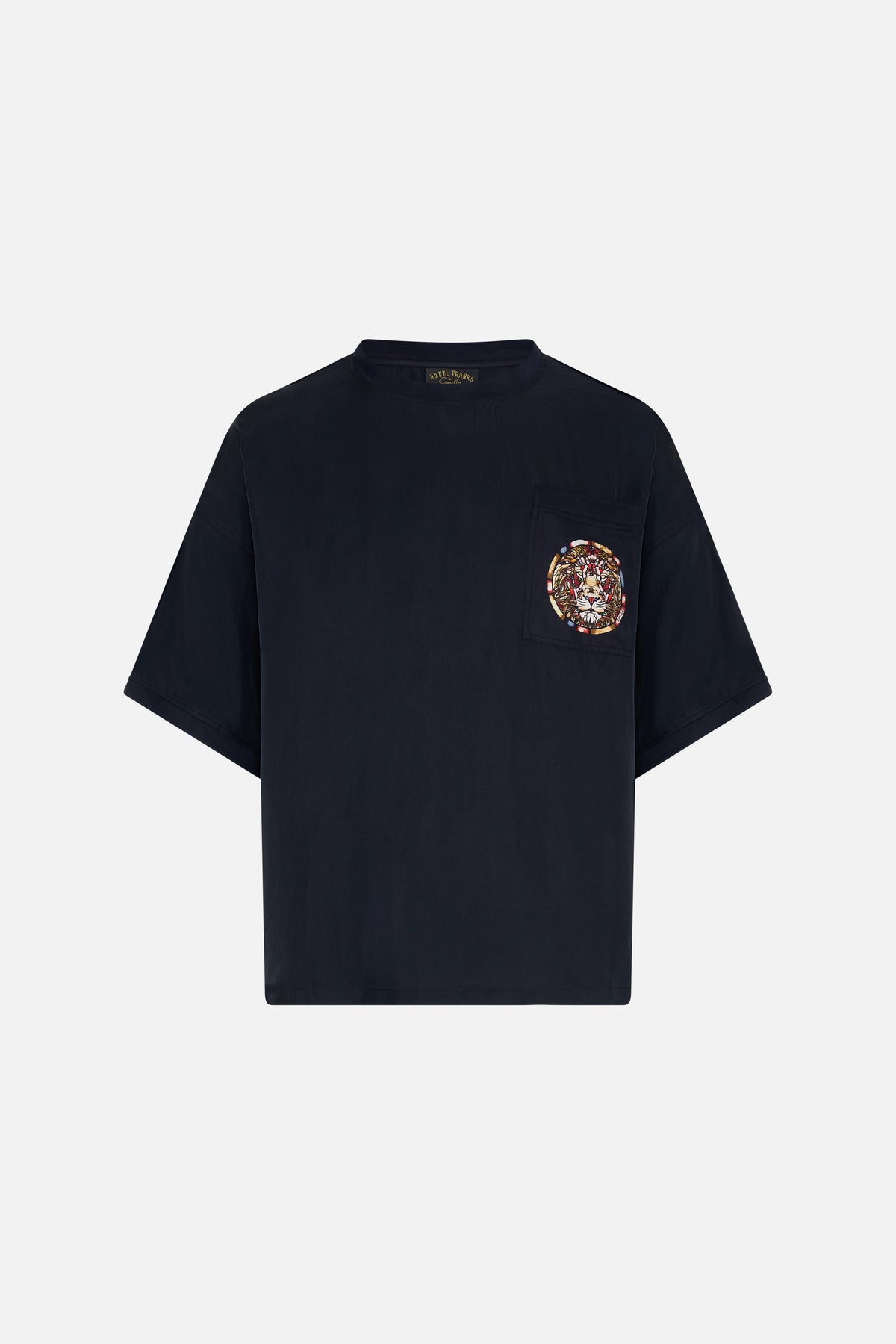 Hotel Franks by CAMILLA black men's woven t-shirt in Leadlight Legends