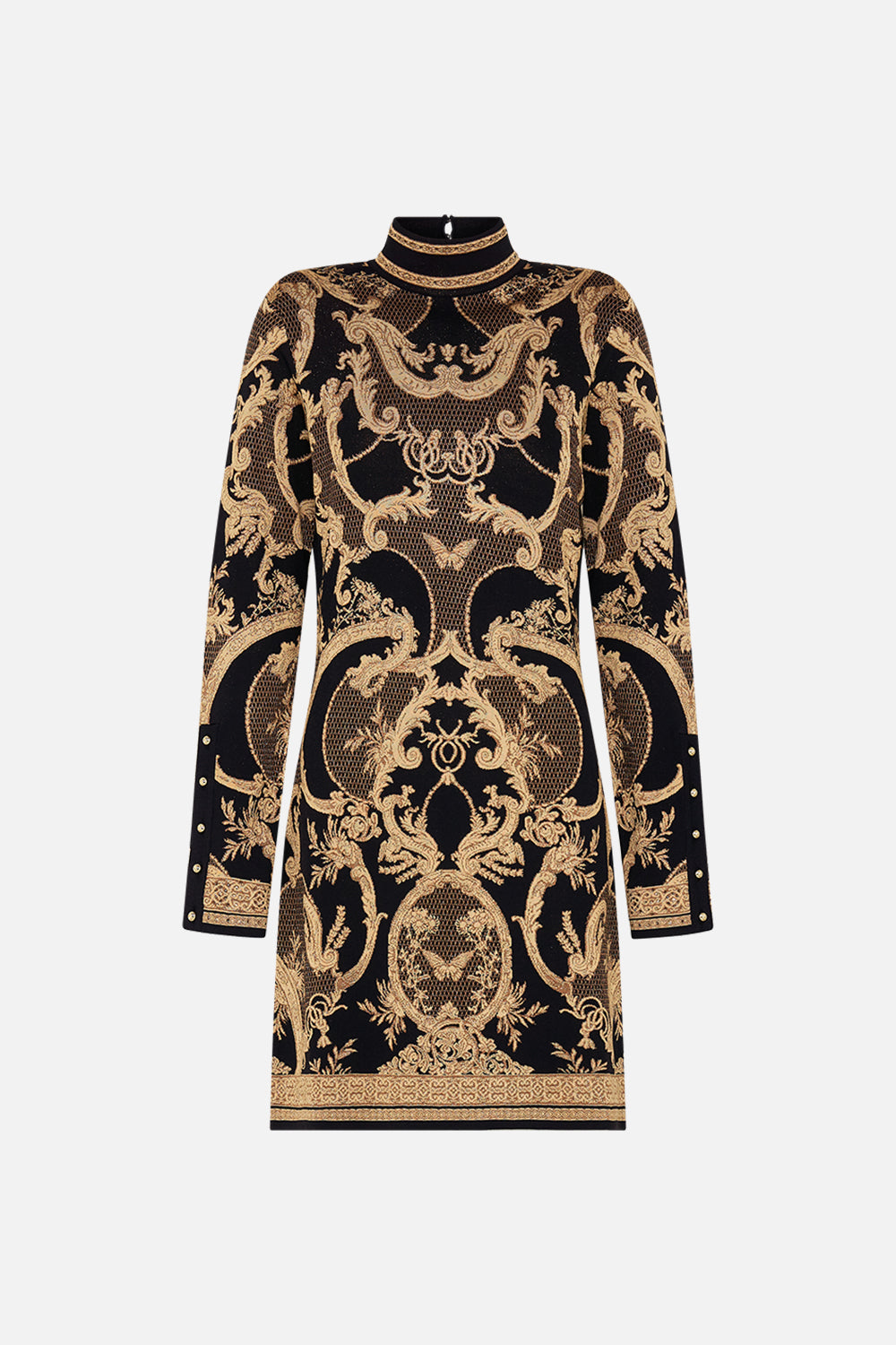 CAMILLA Black Jacquard Turtle Neck Short Knit Dress in Magic in the Manuscripts