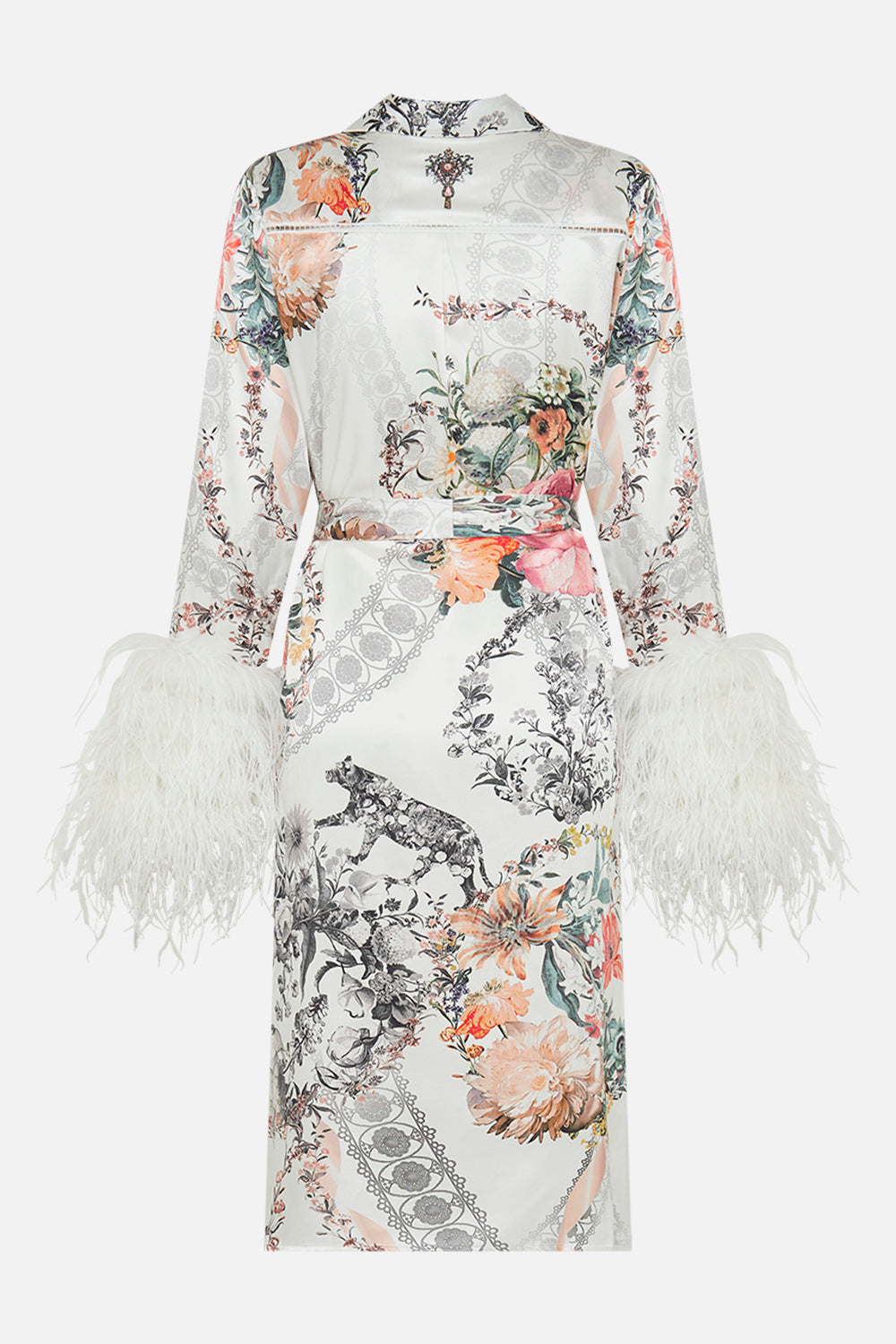 CAMILLA white silk coat with feathers in De Hhaar Memoirs print