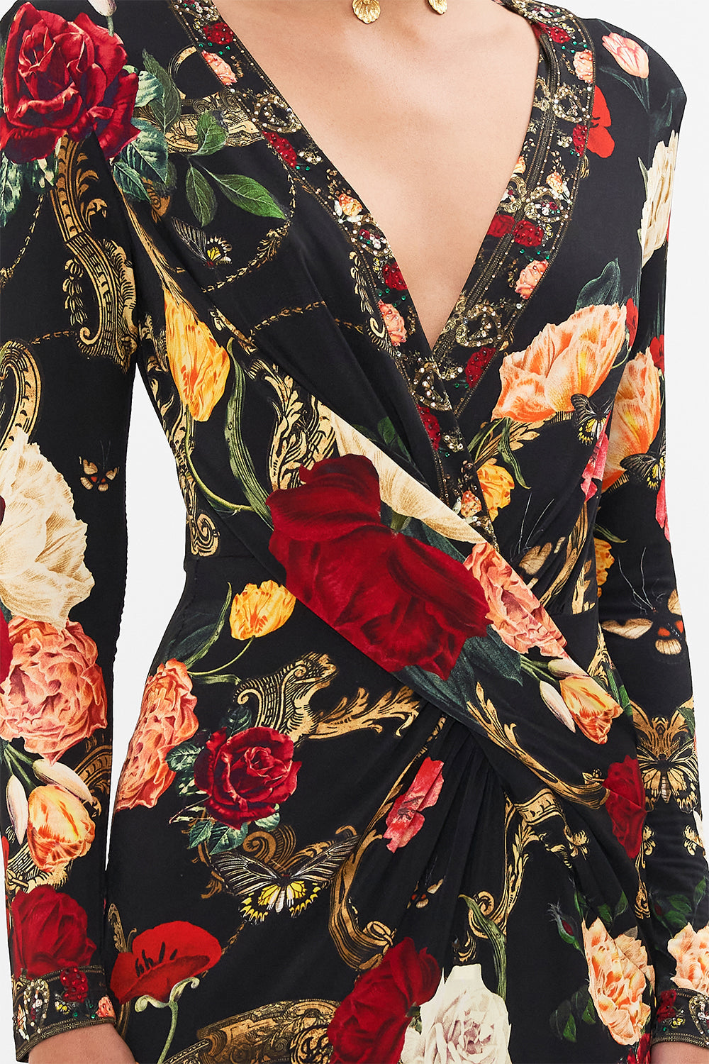 CAMILLA Black V-Neck Midi Cross Front Dress in Magic in the Manuscripts