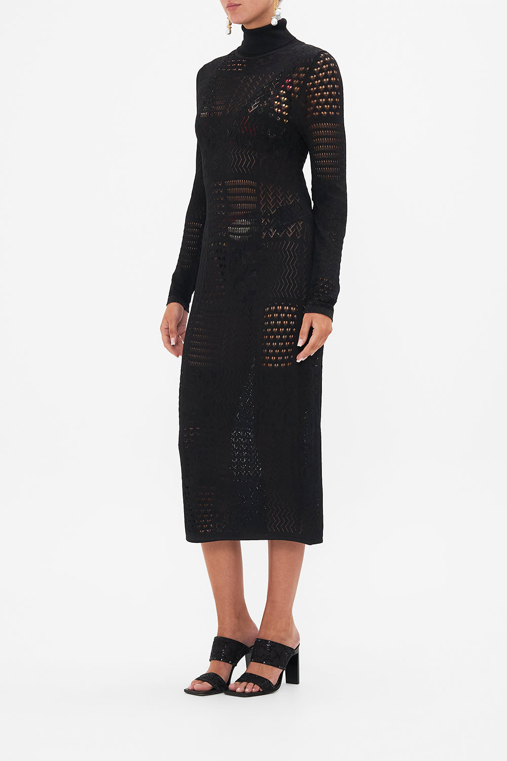 CAMILLA Floral Pointelle Turtle Neck Knit Dress in Stitched in Time