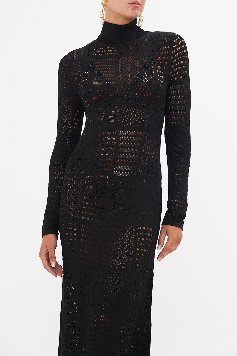 CAMILLA Floral Pointelle Turtle Neck Knit Dress in Stitched in Time