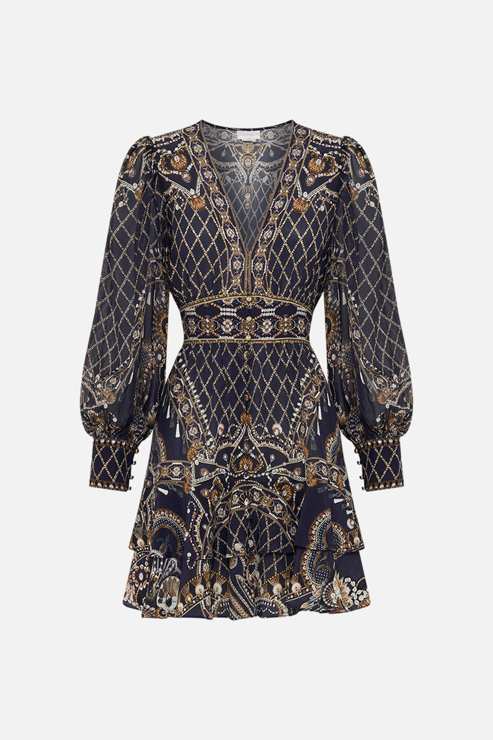 CAMILLA black button frill dress in Dance With The Duke print