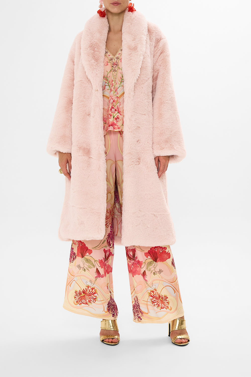 CAMILLA Floral Long Teddy Coat in Blossoms and Brushstrokes
