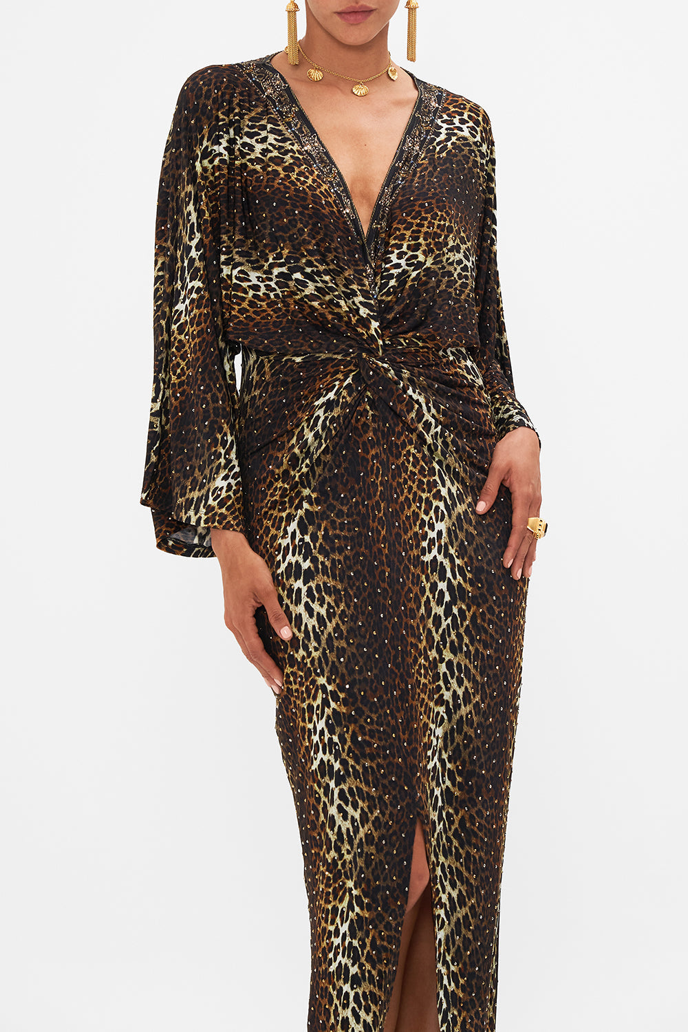 CAMILLA leopard long split-front twist dress in Amsterglam print.