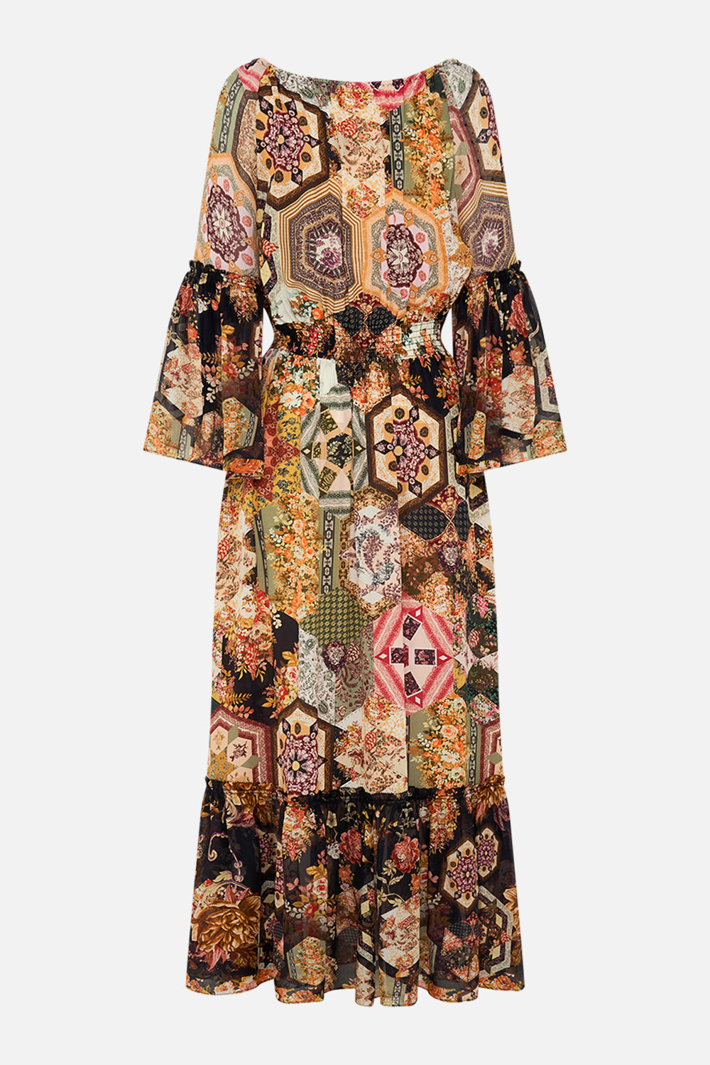 CAMILLA Floral Long Dress With Gathered Bell Sleeve in Stitched In Time print.