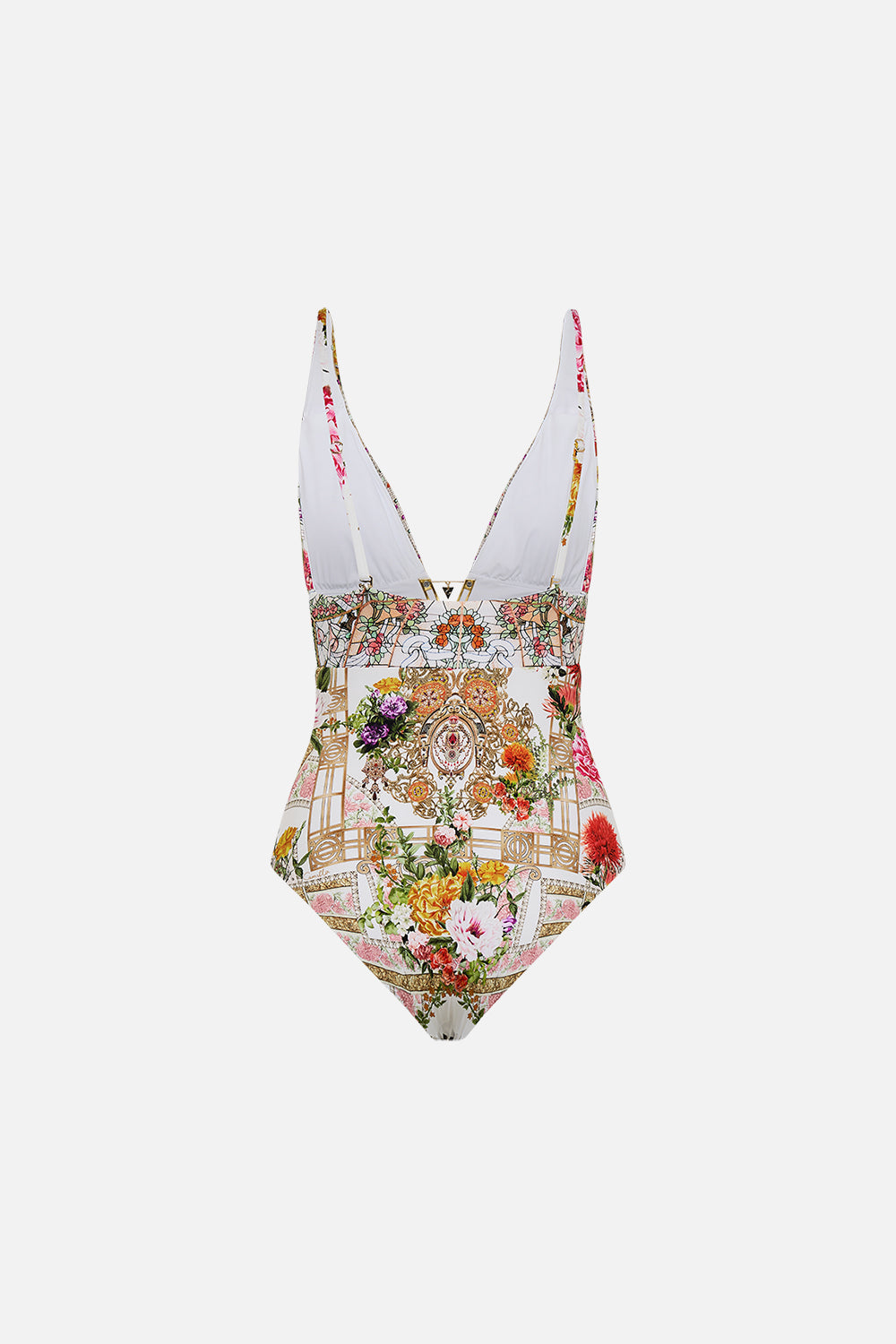 CAMILLA High tri one piece with front trim in Egyptian rose print.